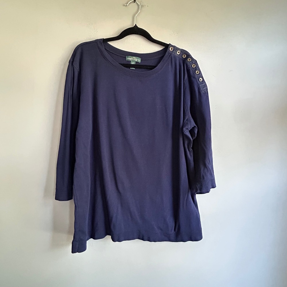 Lauren‎ Ralph Lauren Navy Blue Button Shoulder Cotton Top 2X Womens 3/4 Sleeve